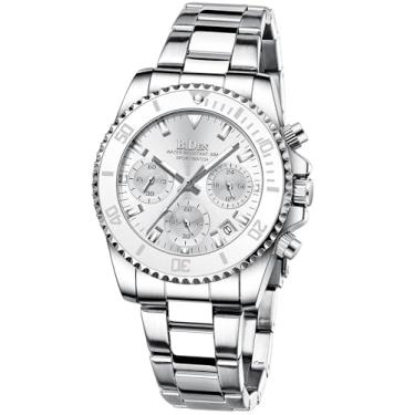 Imagem de Relógio feminino elegante com cronógrafo giratório, vidro mineral, luminoso, aço inoxidável, à prova d'água, data, analógico, quartzo, moderno, para negócios, vestido de pulso, Prateado, branco