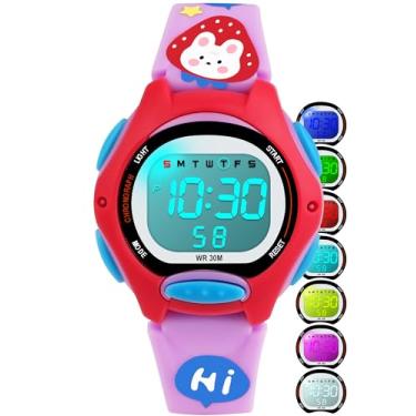 Imagem de Juboos Relógio digital infantil para meninos e meninas, à prova d'água, LCD, esportivo, infantil, com luzes LED de 7 cores, cronômetro, alarme, Rosa, roxo
