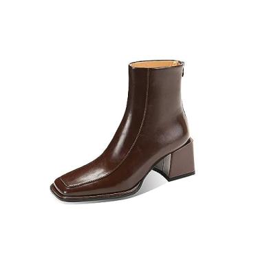 Imagem de TinaCus Bota feminina feita à mão em couro legítimo, chique, bico quadrado, zíper nas costas, salto médio, Marrom, 38