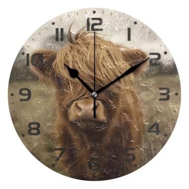Imagem de JUZIHAI Relógio de parede de vaca Highland Slanting Bangs, silencioso, sem tique-taque, redondo, operado por bateria, fácil de ler, relógio decorativo de parede para casa, cozinha, sala de estar