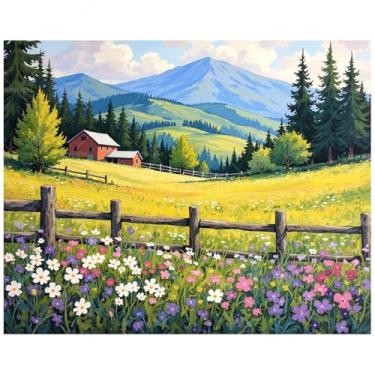 Imagem de Kit de pintura por números de fazenda rural para adultos - Prado de montanha DIY com flores e cerca pintura em tela 40,6 x 50,8 cm, conjunto de tinta acrílica, arte para decoração de casa ou presentes