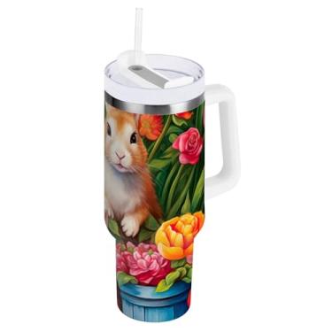 Imagem de ODAWA Copo à prova de derramamento de 1,134 g com palha, coelhos da Páscoa, flores, copos isolados de aço inoxidável com canudo e alça