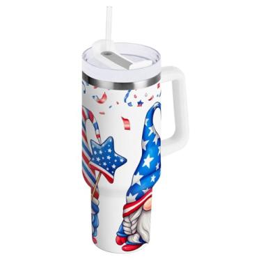 Imagem de ODAWA Copo de aço inoxidável isolado grande com alça e palha, gnomos fofos festivos, estrelas, outono, copo isolado