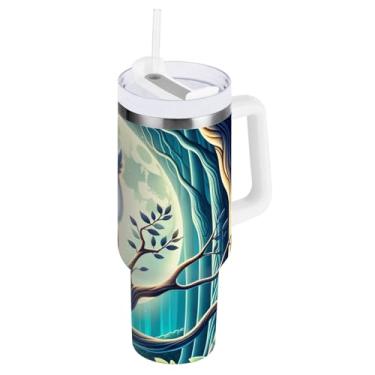 Imagem de Copo grande com isolamento de parede dupla, copos de aço inoxidável de floresta de coruja com tampa e canudo