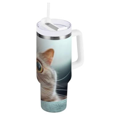 Imagem de ODAWA Copos grandes e engraçados isolados para gatos com alça e tampa de palha, copo com isolamento duplo com tampa 2 em 1