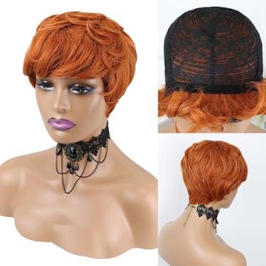 Imagem de Pixie corte peruca de cabelo humano curto bob perucas fof brasileiro virgem preto feminino cabelo humano com franja peruca completa máquina feita peruca/861 (Size : ORANGE)