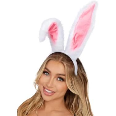 Imagem de Faixa de cabeça com orelhas de coelho brancas, fantasia de coelho para adulto: orelhas de coelho peludas longas lembrancinhas de festa, acessórios de fantasia de coelho branco