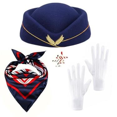 Imagem de 4 peças de acessórios de fantasia de comissária de bordo, chapéu de aeromoça, luvas e broche de avião, conjunto de acessórios de uniforme aéreo, Azul marinho, One Size