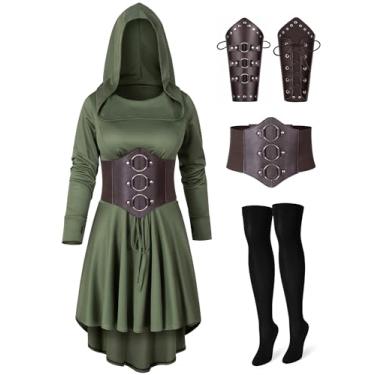 Imagem de Irtysh Roupão feminino medieval renascentista com capuz, cinto, conjunto de estoque, cosplay, fantasia de Halloween, Verde, XXG