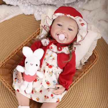 Imagem de Bebê Reborn Boneca Silicone Menina Olhos Azuis Realista Pintado 55cm Com Coelho e Acessórios