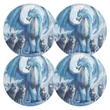 Imagem de Conjunto de 4 tapetes de jantar com dragão de gelo, lobo, lavável para cozinha, mesa de jantar, 38 cm, redondo, PVC, para ambientes internos