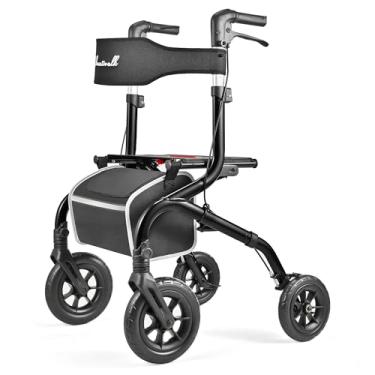 Imagem de PLANET WALK Andador de rolo dobrável: rodas todo-o-terreno de 25,4 cm e 20,3 cm, capacidade de 136 kg, pneus de borracha pisada, assento e encosto respiráveis, auxílio de mobilidade leve para idosos