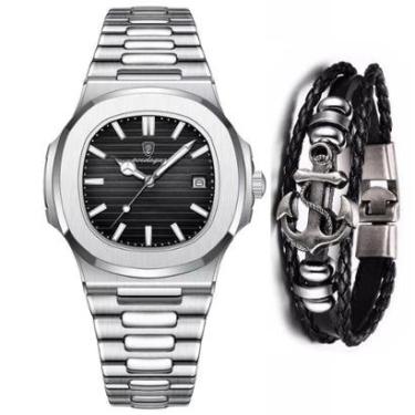 Imagem de Relógio De Aço Masculino Original Poedagar + Bracelete Couro-Masculino