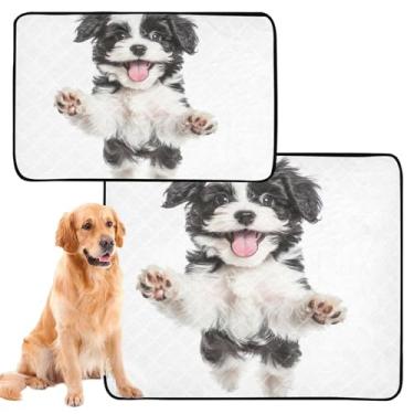 Imagem de TSENQUE Almofadas de xixi laváveis para cães Happy Black White Havanese Puppy Pet Pad extra grande absorvente cães treinamento penico impermeável tapete de cachorro fofo, médio + grande, conjunto de 2