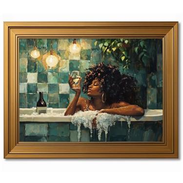 Imagem de Arte de parede de banheiro moderna emoldurada a ouro mulheres negras na banheira pôster imagem estética impressões em tela para moda menina banheiro decoração de parede pintura martini 30,5 x 40,6 cm
