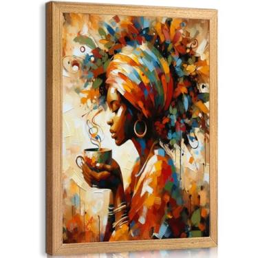 Imagem de Arte de parede emoldurada de mulher negra, decoração de parede afro-americana, estampa de pôster de menina de café, quadro tribal africano para sala de estar, quarto, pronto para pendurar (40,6 x 61