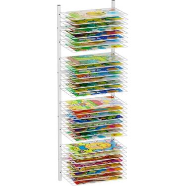 Imagem de mocomax Suporte de parede para secagem de arte, 32 prateleiras removíveis, prateleira de secagem de tinta metálica, organizador de armazenamento de papel de arte que economiza espaço para salas de
