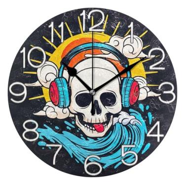 Imagem de GAIGEO Relógio de parede analógico engraçado colorido caveira azul preto decorativo relógio de cozinha rústico operado a bateria, decoração de parede de casa de fazenda moderna, 25 cm, ponteiros