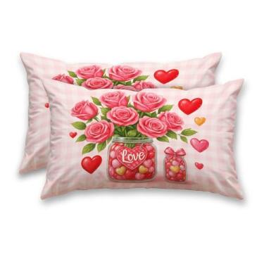 Imagem de HOMETITUTE Conjunto de 2 fronhas decorativas de cetim 30 x 50 cm rosa e coração arte lombar para sofá sofá sala de estar fazenda férias decorações primavera