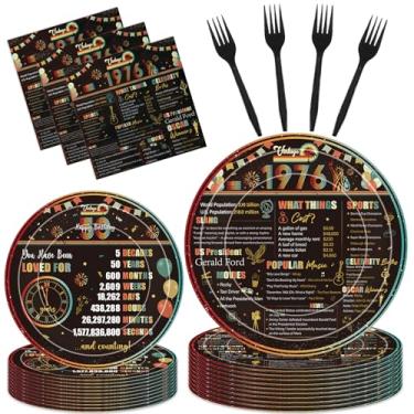 Imagem de Hokinaa Decorações vintage de aniversário de 50 anos - 96 peças retrô pôr do sol pratos de papel e guardanapos, garfos, utensílios de mesa descartáveis Happy Cheers para 50 anos de idade 1976