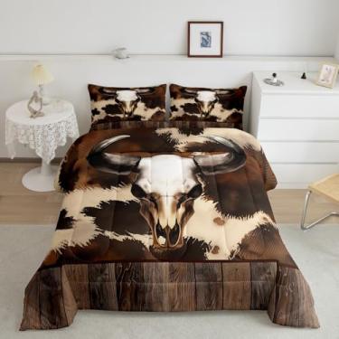 Imagem de jejeloiu Conjunto de edredom solteiro com estampa de pele de vaca ocidental e caveira de vaca para meninos e meninas, adolescentes, conjunto de edredom marrom