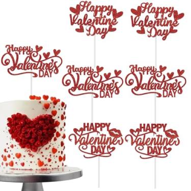 Imagem de Conjunto de topo de bolo feliz dia dos namorados, enfeite de cupcake de coração vermelho com glitter para decoração de bolo de festa de aniversário de casamento dos namorados