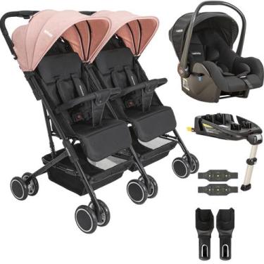 Imagem de Carrinho Kiddo de Gemeos Bebe Conforto Base ISOFIX Mascote Rosa