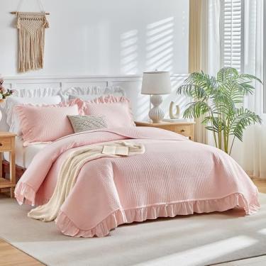 Imagem de Conjunto de colcha com babados rosa, tamanho casal/queen, 3 peças, conjunto de colcha listrada de casa de fazenda, lisa, leve e macia para todas as estações (1 colcha com babados + 2 fronhas)