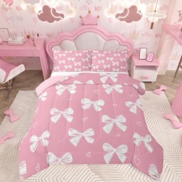 Imagem de jejeloiu Conjunto de edredom casal com laço rosa, para crianças, meninos, meninas, princesa, gravata borboleta, decoração de quarto, microfibra, 3 peças com 2 fronhas