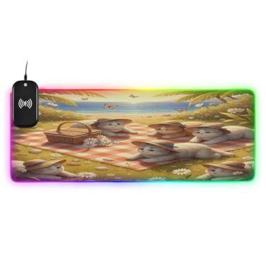 Imagem de CEBUGI Mouse pad de carregamento sem fio Cute Cats 15 W rápido para jogos com 14 iluminação LED RGB para jogos, PC, laptop, mesa 80 x 30 cm