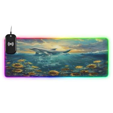 Imagem de CEBUGI Mouse pad de carregamento sem fio Fish Sunflower 15W rápido para jogos com 14 iluminação LED RGB para jogos, PC, laptop, mesa 80 x 30 cm
