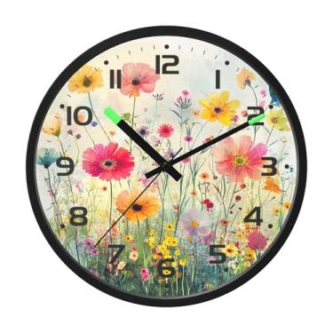 Imagem de SEHANY Herb Wildflower Relógio de parede silencioso sem tique-taque relógio redondo operado por bateria 30 cm controle de som luz noturna relógios de parede para sala de estar, cozinha, quarto