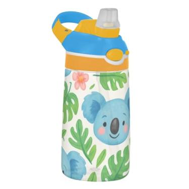 Imagem de Linda garrafa de água infantil azul coala verde com canudo 473 ml Tritan 473 ml garrafa de água esportiva portátil à prova de vazamento, copo infantil, reutilizável, alça de transporte