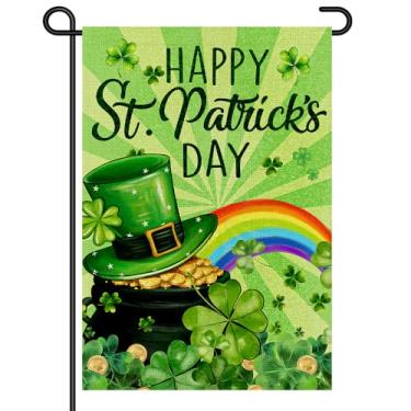 Imagem de Bandeira de jardim do dia de São Patrício 30,5 x 45,7 cm, placa de quintal pequena dupla face, feliz dia de São Patrício, trevo da sorte, chapéu de trevo da sorte, pote de ouro, arco-íris, decoração