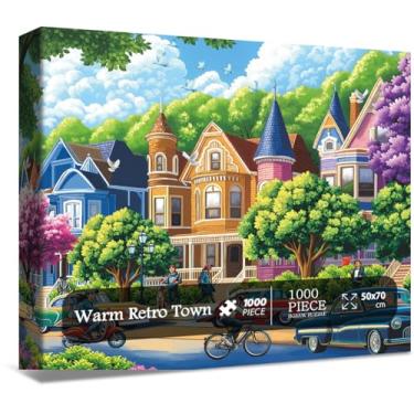 Imagem de Colorful City Landscape Puzzles for Adults 1000 Pieces. Cozy Vintage Town in Spring Street Jigsaw Puzzles. Challenging Nature,Tree,Flower,Car,Art Puzzles
