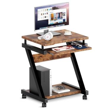 Imagem de sogesfurniture Mesa pequena para computador móvel com bandeja de teclado, mesa de estudo compacta em forma de Z, estação de trabalho com rodinhas para casa e escritório com prateleira de impressora,