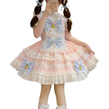 Imagem de Cuteighteen Lolita Sleeveless Dress Teens Princess Kawaii Bow Apron Japan Cat Maid Outfit Fancy Party Anime Cosplay Costume (Pink, Large)