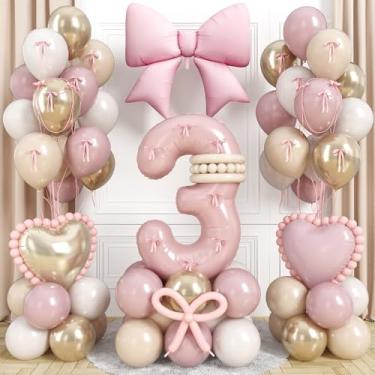 Imagem de Baby Pink Number 3 Balloon, Dusty Light Pink Gold Cream Latex Balloons Girls 3rd Birthday Decorations Bow Heart Foil Balloon with Ribbon Bow for Boho Third 3 Year Old Birthday Anniversary Party Decor