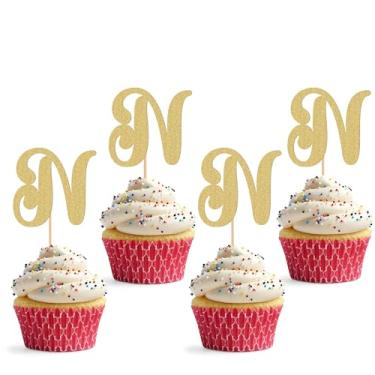 Imagem de Topper de cupcake de 26 letras - pacote com 24 decorações de cupcake com glitter e letra N, adequado para festa de aniversário, aniversário de casamento ou adereços de cabine de fotos (N)