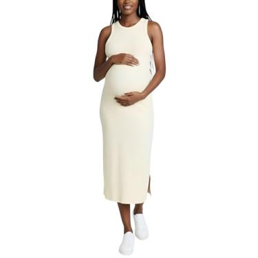 Imagem de Motherhood Maternity Vestido feminino colado ao corpo midi de malha canelada costas nadador sem mangas, Amarelo transparente, P