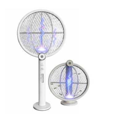 Imagem de Raquete Elétrica Mata Mosquitos e Pernilongos Dobrável com Luz UV LED Dobrável 2 em 1 com Base – Recarregável USB, Bivolt – Armadilha Eficiente Contra Insetos e Dengue