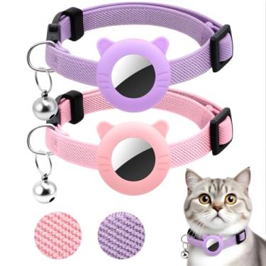 Imagem de Pacote com 2 coleiras AirTag, fivela de segurança separável com sino, coleiras ajustáveis de nylon macio de 19 a 32,5 cm para meninas, meninos, gatos, filhotes de cachorro, rosa e roxo