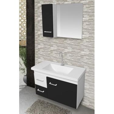 Imagem de Kit Gabinete Cuba e Espelheira 74cm Para Banheiro 100% MDF (Branco/Preto)