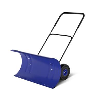 Imagem de Empurrador de neve com rodas, lâmina de aço resistente de 73,7 cm, ângulo ajustável e alça de altura para remoção de neve na entrada de garagem sem esforço, base de proteção do solo.