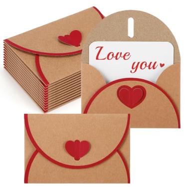 Imagem de Colarr 25 conjuntos de mini envelopes com fecho em forma de coração vermelho, cartões em branco, envelopes de papel elegantes a granel presente com borda vermelha para dia dos namorados, casamento