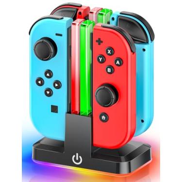Imagem de Carregador de controle de interruptor para 4 Joycons com 9 modos de luz RGB, suporte de carregador Joy con com indicadores de LED, estação de carregamento de interruptor para carregamento Joycon para