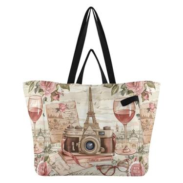 Imagem de SEHANY Sacola de compras reutilizável da Torre Eiffel de Paris com alças reforçadas, bolsa de compras de lona dobrável à prova d'água de grande capacidade para viagem, cozinha, praia