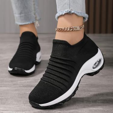 Imagem de Mocassim feminino de malha, sem cadarço, com almofada de ar, antiderrapante, para caminhada, plataforma, tênis de caminhada, 2089 preto e branco, 35