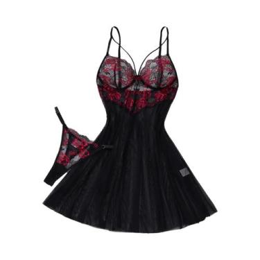 Imagem de Camisola Floral Preta Sem Alças Para Mulheres, Lingerie Sexy Transpare