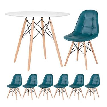 Imagem de Loft7, Kit Mesa Eames 90 cm branco + 6 cadeiras estofadas Eiffel Botonê turquesa